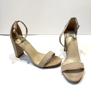 Lulu’s Natural Suede Taylor Block Open Toe Heels, Size 8.5 EUC